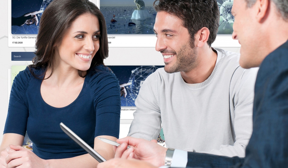 Relationship manager and happy clients in conversation for investment advice with aSpark software